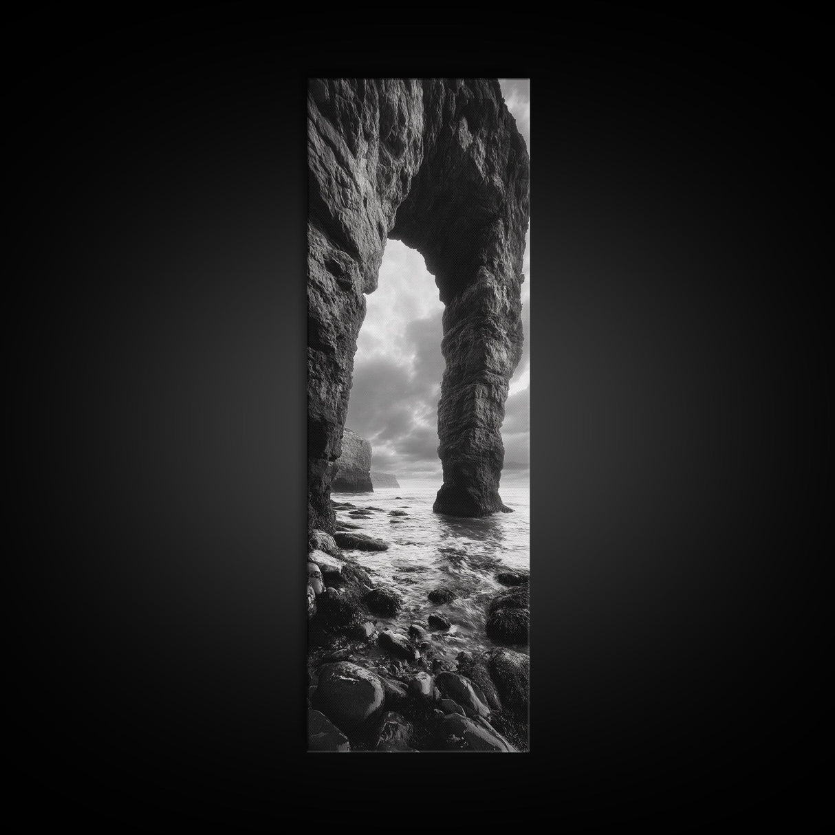 Sea Arch, Coastal Rocks, Ocean Waves, Dramatic Sky, Framed Canvas Print, Coastal Wall Art, Minimalist Beach House Decor, Bedroom Artwork