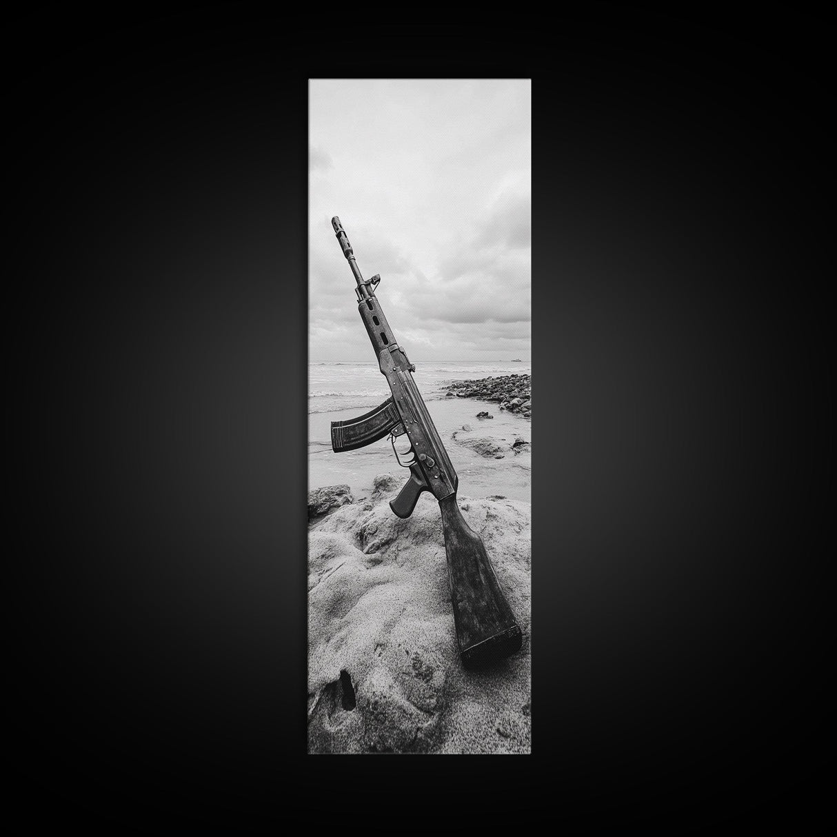 War Relic, AK Rifle, Surreal Beach Scene, Framed Canvas Print, Bold Statement Art, Bachelor Pad or Office Decor, Rustic Industrial Style