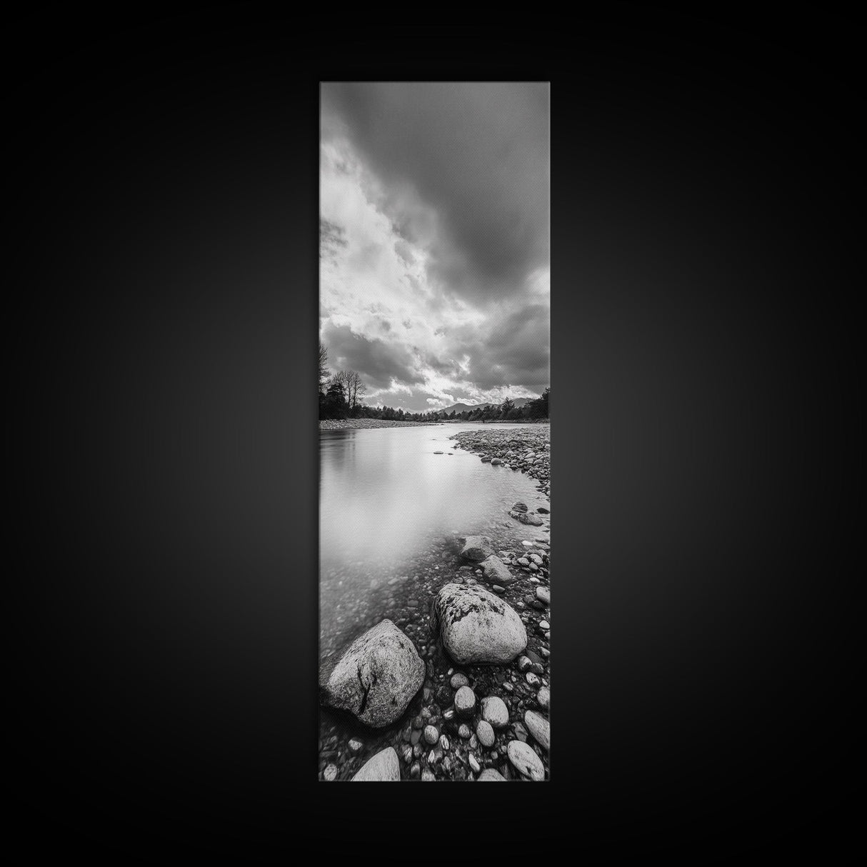 Rocky River, Serene Stream, Nature Calm, Monochrome Landscape, Framed Canvas Print Rustic Wall Decor, Modern Bathroom Art, Minimalist Style