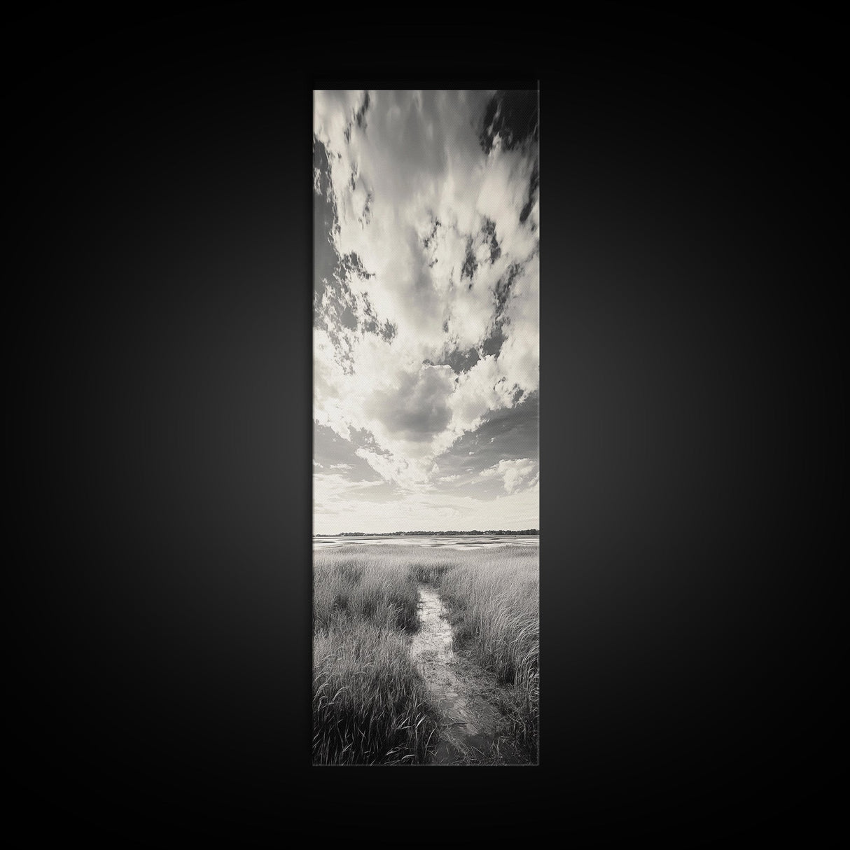 Marshland Pathway, Coastal Grassland Art, Nature Wall Decor, Calm Landscape Style, Framed Canvas Print, Neutral Tones Minimalist