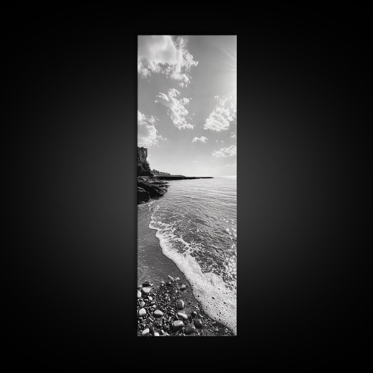 Coastal Shoreline, Pebble Beach, Ocean Breeze, Canvas Print, Bathroom Wall Art, Minimalist Decor, Black White Photography, Seaside Vibe
