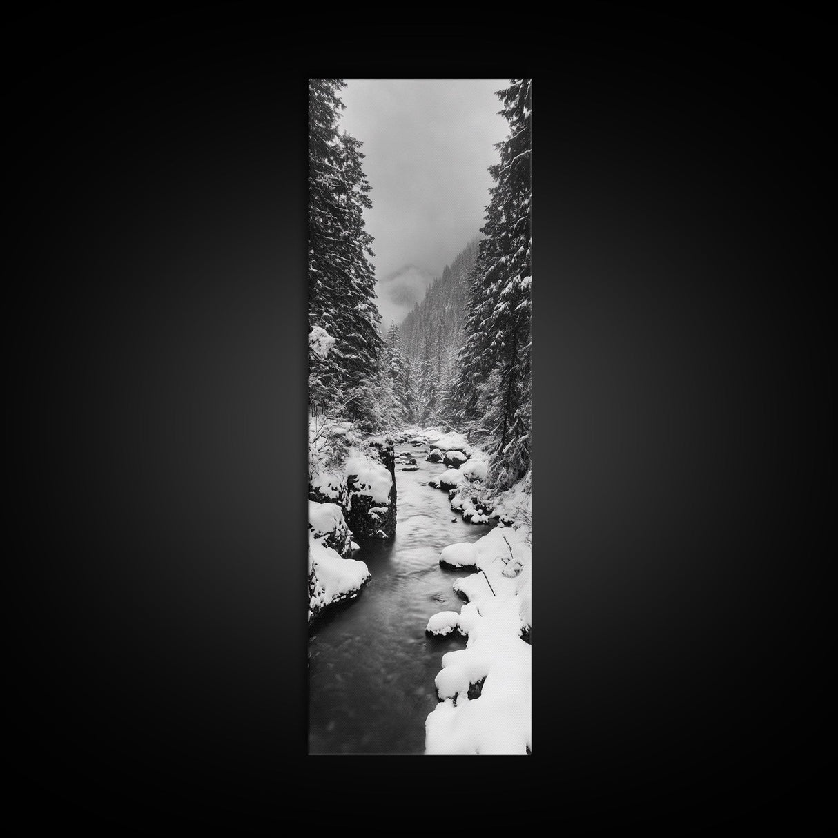 Winter Forest, Snowy River, Pine Trees, Canvas Print, Cozy Cabin Wall Art, Nature Lover Gift, Scandinavian Style, Holiday Decor, Bedroom Decor