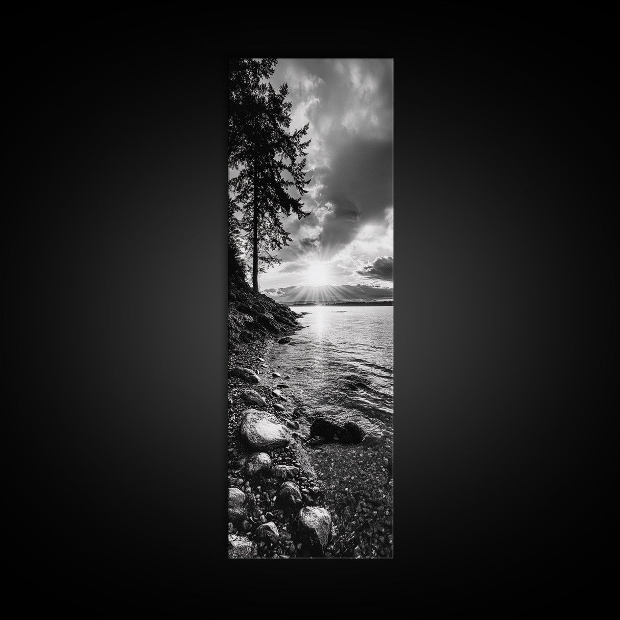 Tree Shoreline, Tranquil Water, Sunset Reflection, Peaceful Horizon, Framed Canvas Print, Nature Photography, Cabin Wall Art