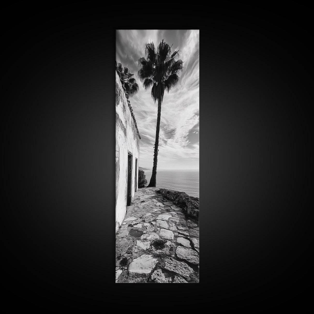 Coastal Palm Tree, Rustic Seaside Wall Art, Mediterranean Courtyard Print, Tropical Summer Decor, Framed Canvas Print, Kitchen Art
