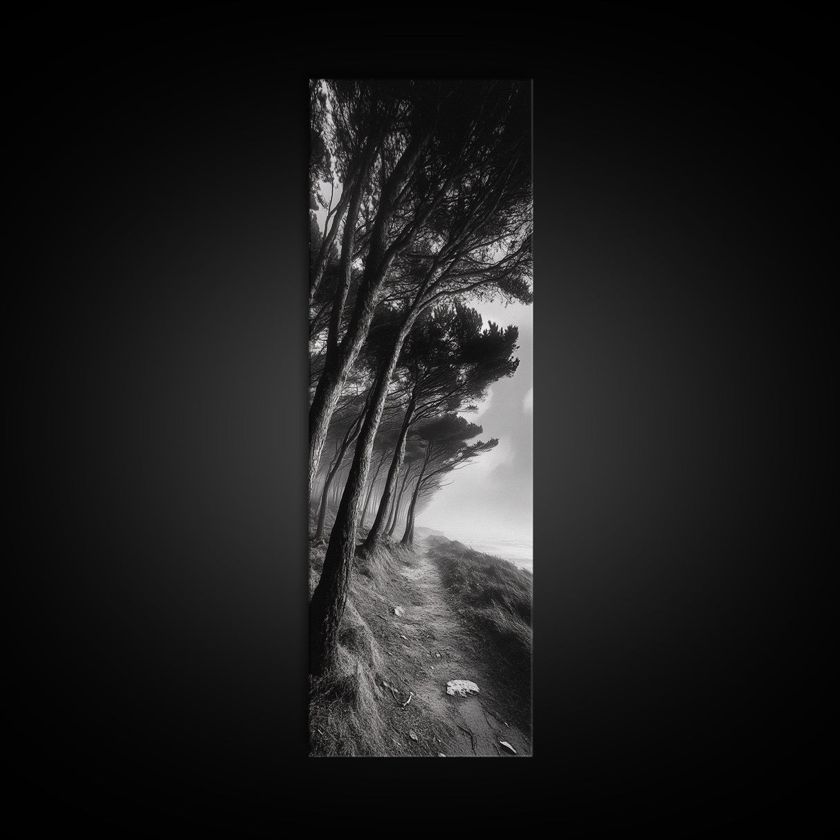Windy Forest Trail, Dark Coastal Trees, Atmospheric Nature, Framed Canvas Print, Fall Living Room Wall Art, Moody Landscape Aesthetic