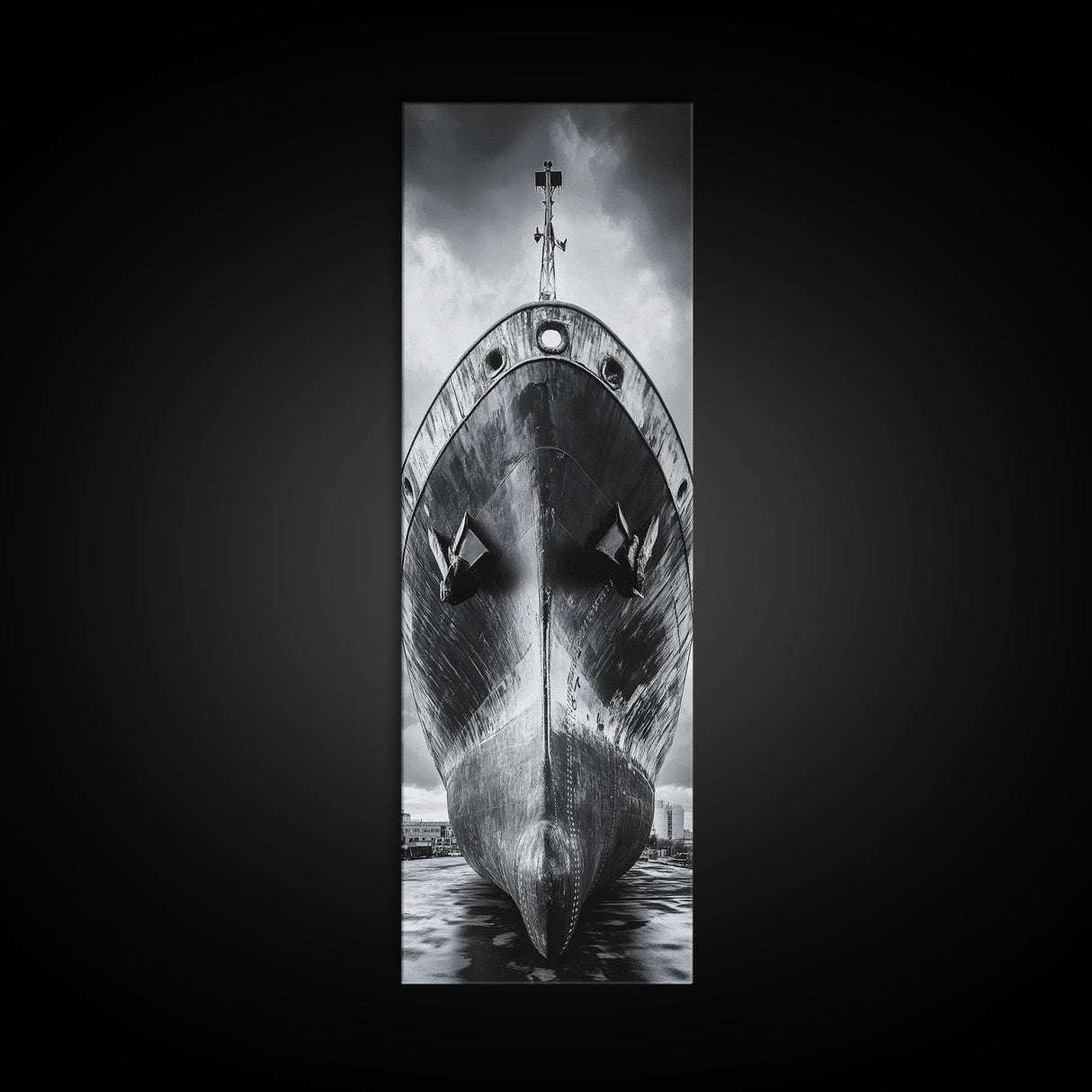 Industrial Ship, Black and White Boat, Urban Seascape, Moody Harbor, Canvas Print, Nautical Wall Art, Man Cave Art, Office Decor