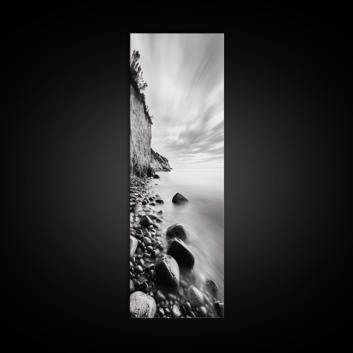 Rocky Shoreline, Coastal Calm, Seaside Mist, Canvas Print, Black White Minimalist Wall Art, Serene Bedroom or Bathroom Decor