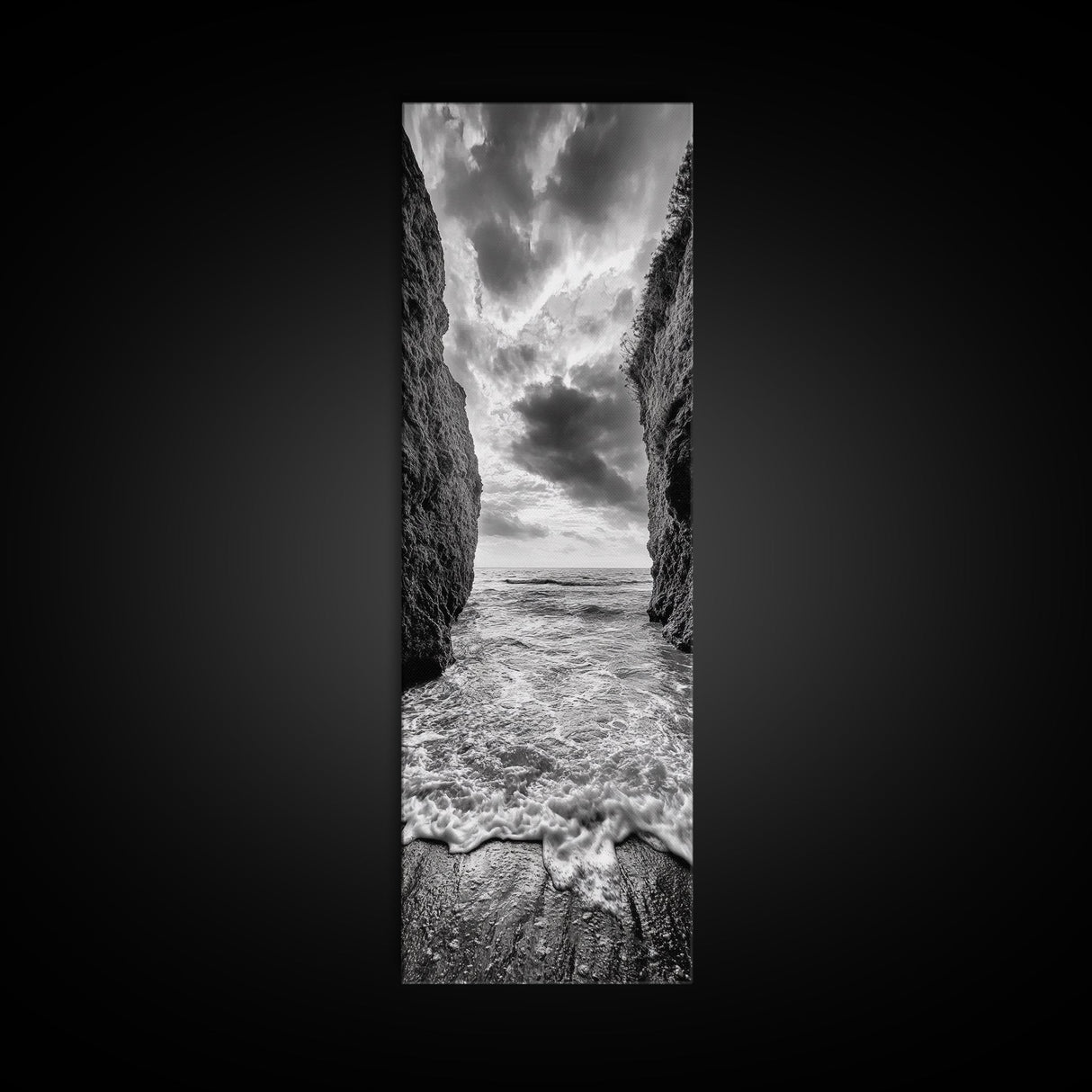 Ocean Gap, Cliffside Horizon, Black White Waves, Framed Canvas Print, Modern Coastal Wall Art, Nautical Living Room Decor, Nature Decor
