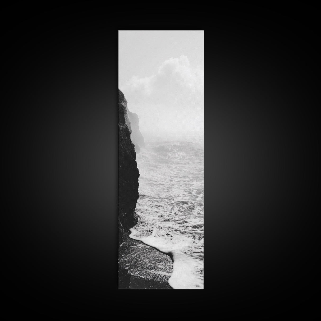 Coastal Cliff, Ocean Waves, Monochrome Seascape, Framed Canvas Print, Minimalist Ocean Art, Bathroom Decor, Nautical Wall Art