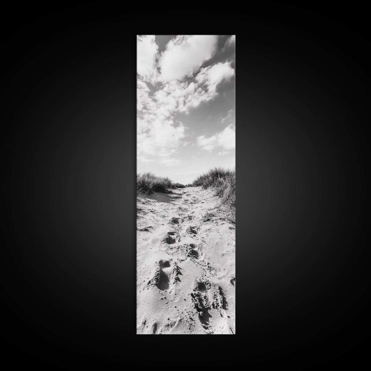Sandy Trail, Dune Path, Footprints Grass, Canvas Print, Fall Coastal Decor, Boho Entryway Art, Black and White Beach Landscape
