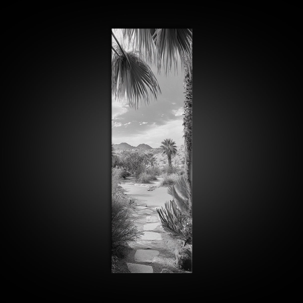 Desert Path, Palm Trees, Serene Escape, Tranquil Garden, Monochrome Landscape, Framed Canvas Print, Entryway Wall Art, Nature Minimal