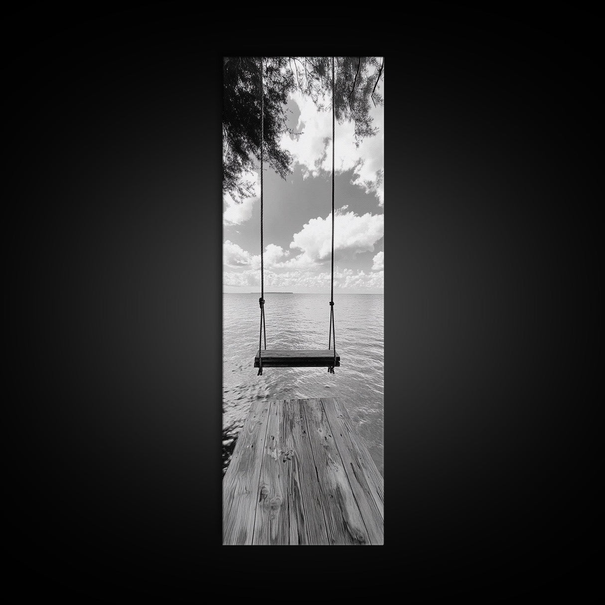 Lakeside Swing Stillness, Serene Water View Print, Peaceful Dock Photography, Canvas Print, Tranquil Bedroom or Office Wall Art
