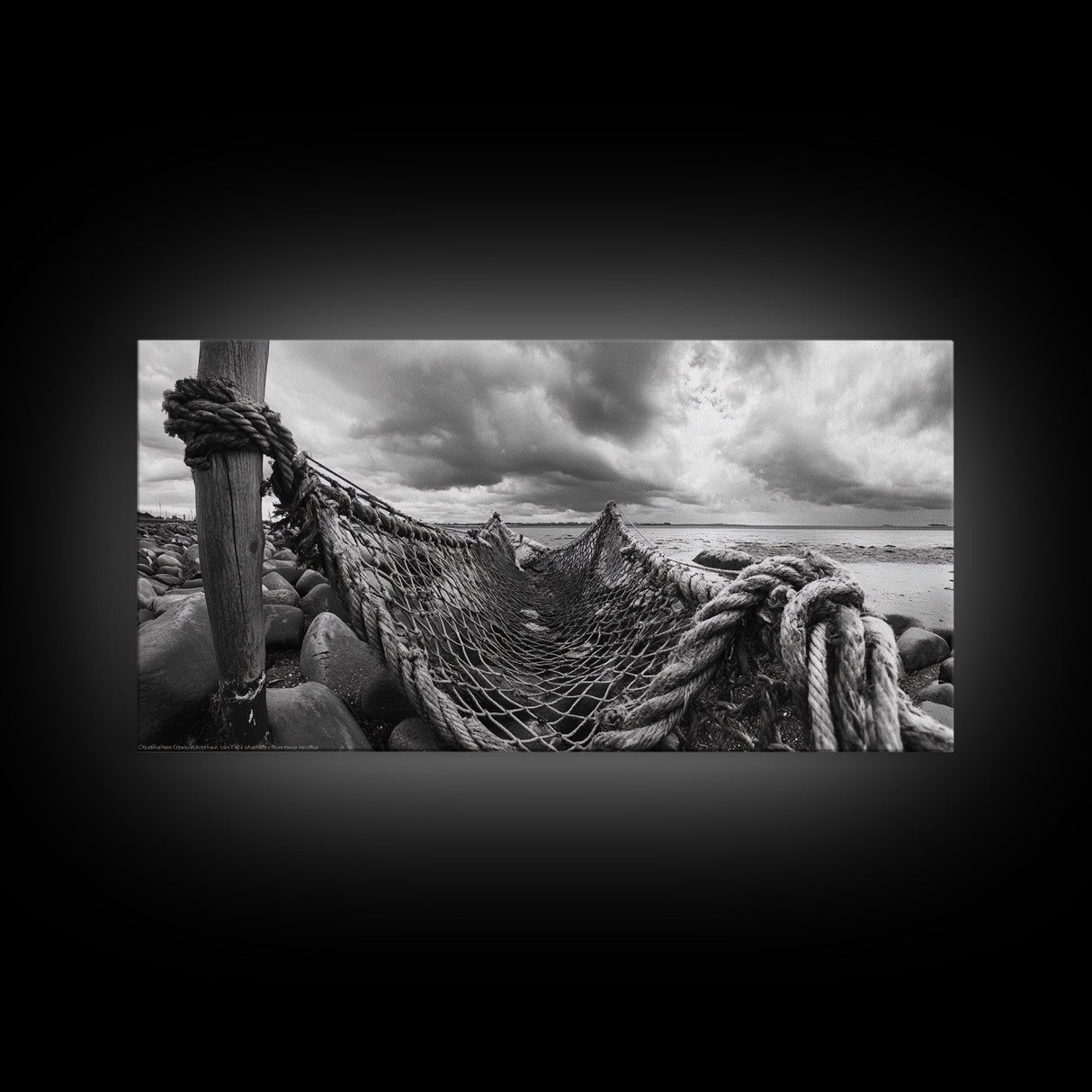 Fishing Net, Stormy Shore, Maritime Nostalgia, Rugged Rope Art, Framed Canvas Print, Nautical Living Room Wall Decor