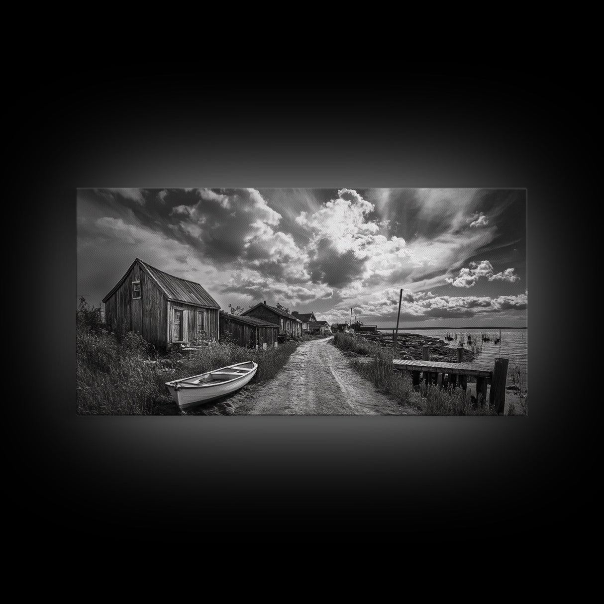 Seaside Village, Driftwood Cabins, Coastal Road, Vintage Fishing Town, Framed Canvas Print, Rustic Kitchen Wall Art, Moody Monochrome