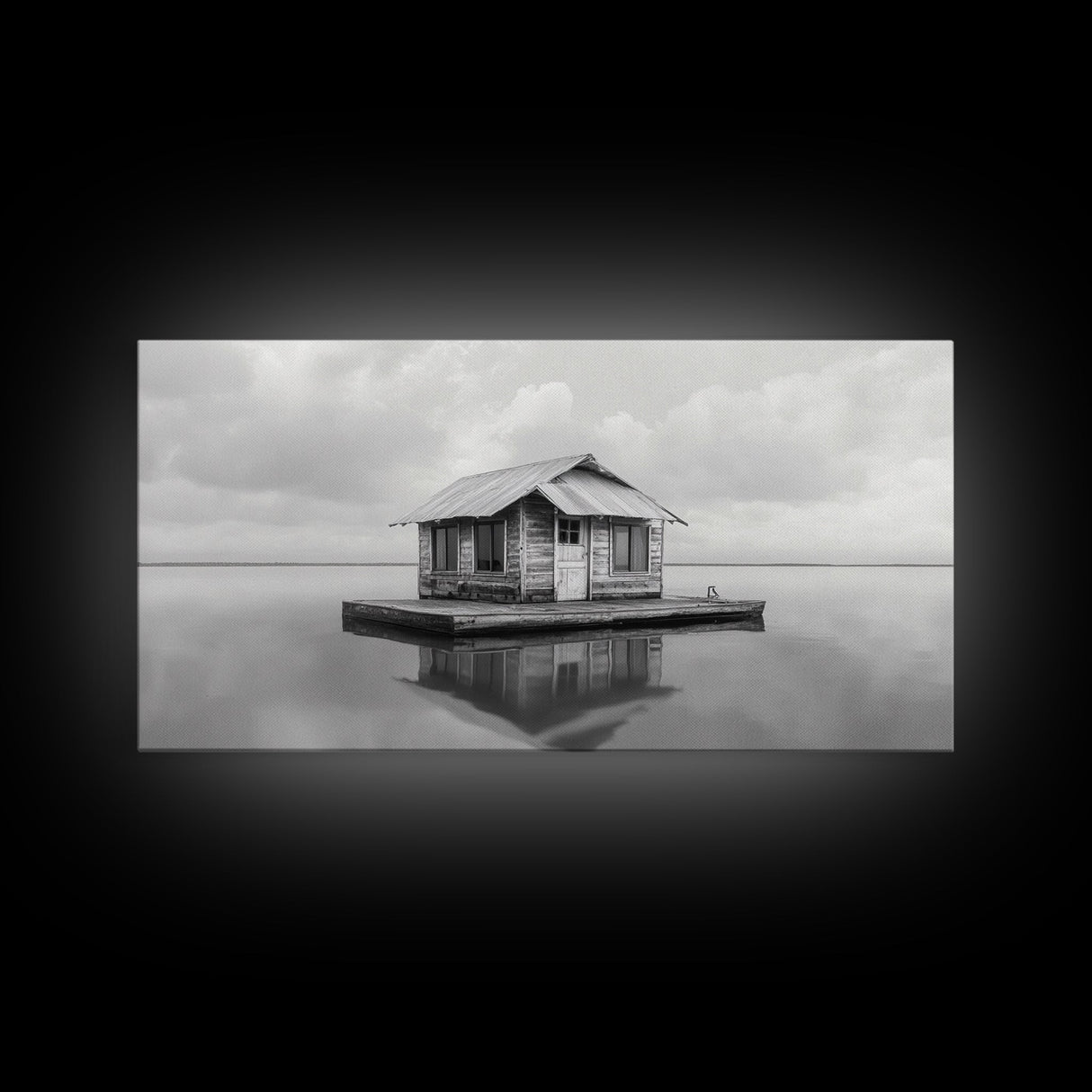 Floating Cabin, Lake House, Calm Waters, Dreamy Isolation Art, Canvas Print, Minimalist Living Room Wall Art, Coastal Style