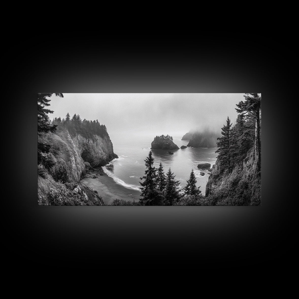Misty Coastal Cliffs, Ocean Horizon, Monochrome Art, Nature Landscape, Canvas Print, Rustic Living Room Decor, Moody Wall Art, Black and White