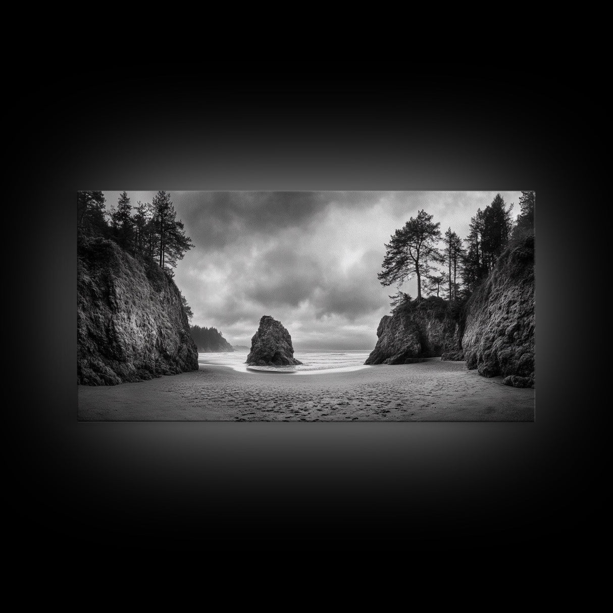 Hidden Coastal Cove, Dramatic Ocean Scene, Natural Seascape, Canvas Print, Rustic Cabin Wall Art, Black and White Beach Photography