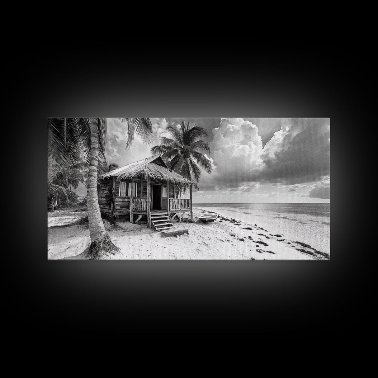Tropical Hut, Palm Tree Scene, Island Escape Photo, Framed Canvas Print, Beach House Wall Art, Rustic Boho Coastal Decor, Nature Scene