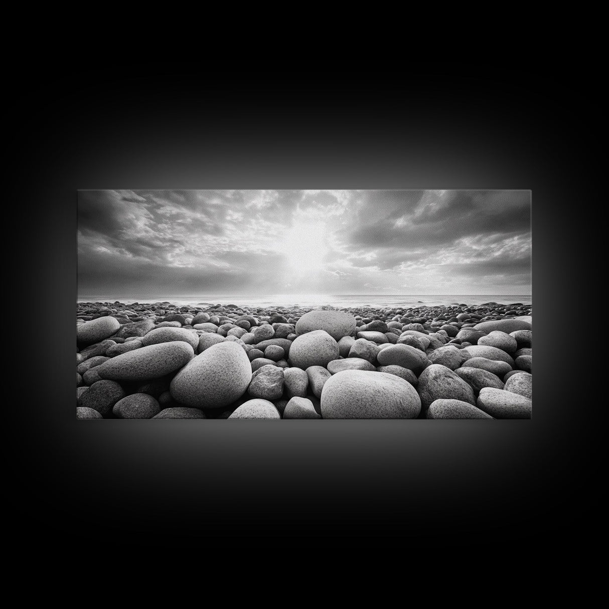 Pebble Beach Sunrise, Serene Rock Shore, Ocean Horizon Light, Framed Canvas Print, Bathroom Wall Art, Minimalist Coastal Decor