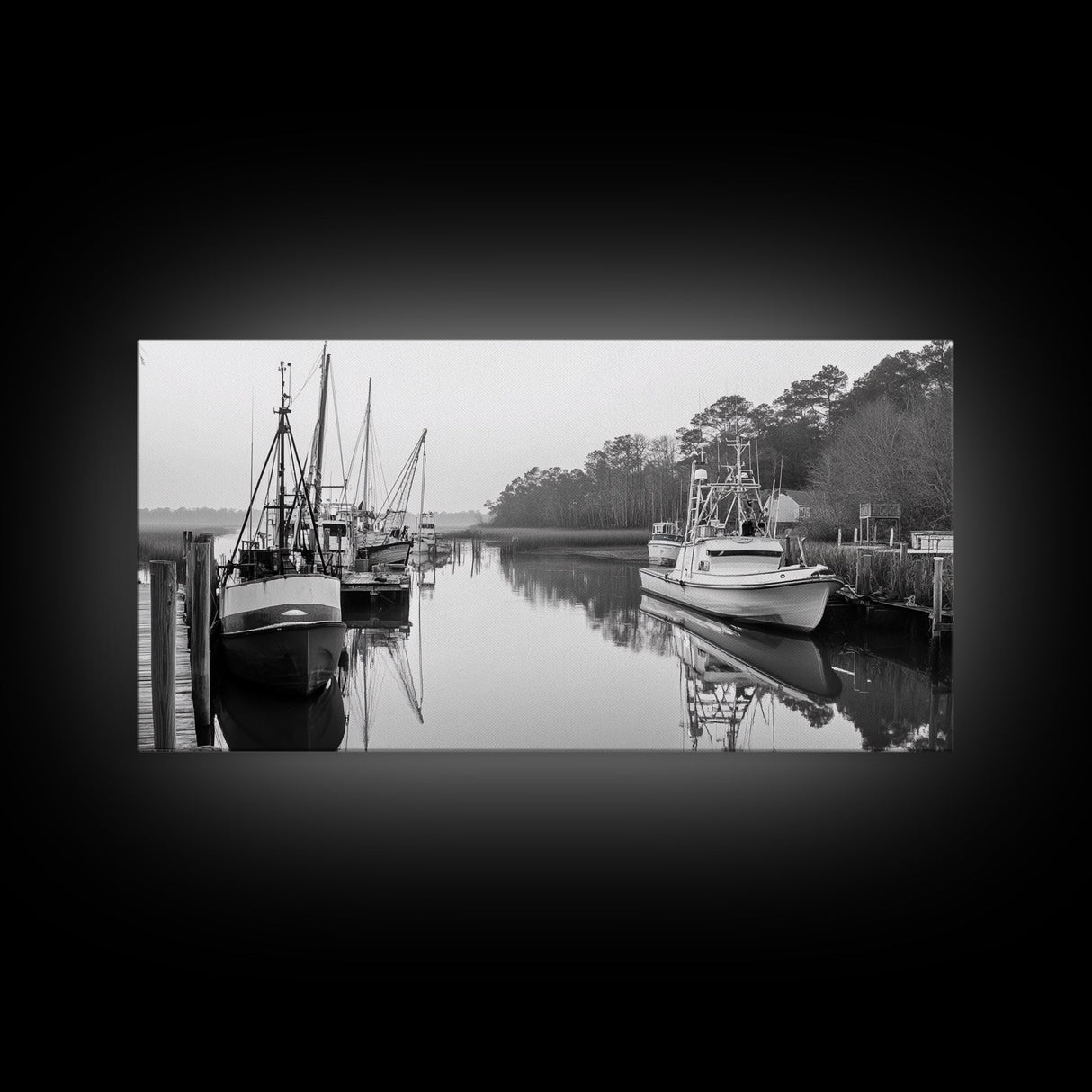 Fishing Boats Docked, Quiet Harbor Scene, Nautical River View, Framed Canvas Print, Kitchen Wall Art, Rustic Coastal Decor, Lodge Wall Art