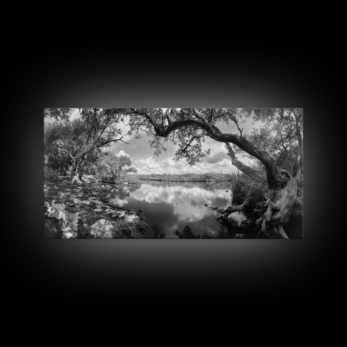 Tree Arch Reflection, Tranquil River View, Nature Canopy Water, Framed Canvas Print, Bedroom Wall Art, Zen Landscape Art, Cabin Decor