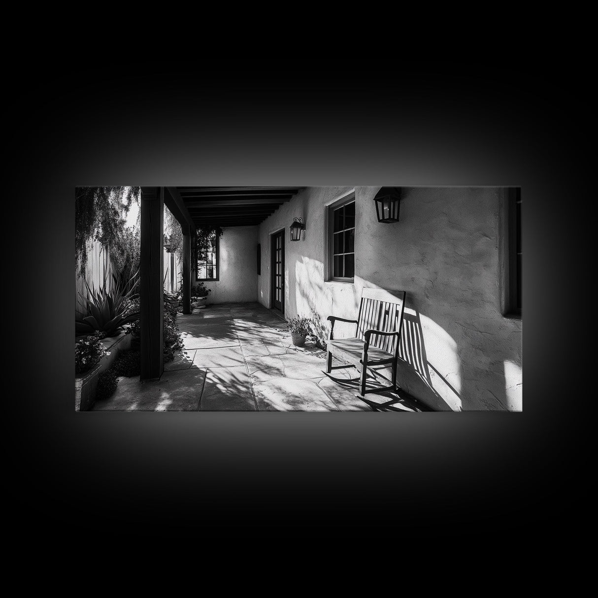 Porch Shadows Light, Rustic Patio, Black and White Decor, Farmhouse Entryway, Framed Canvas Print, Country Kitchen Wall Art, Bedroom Wall Art