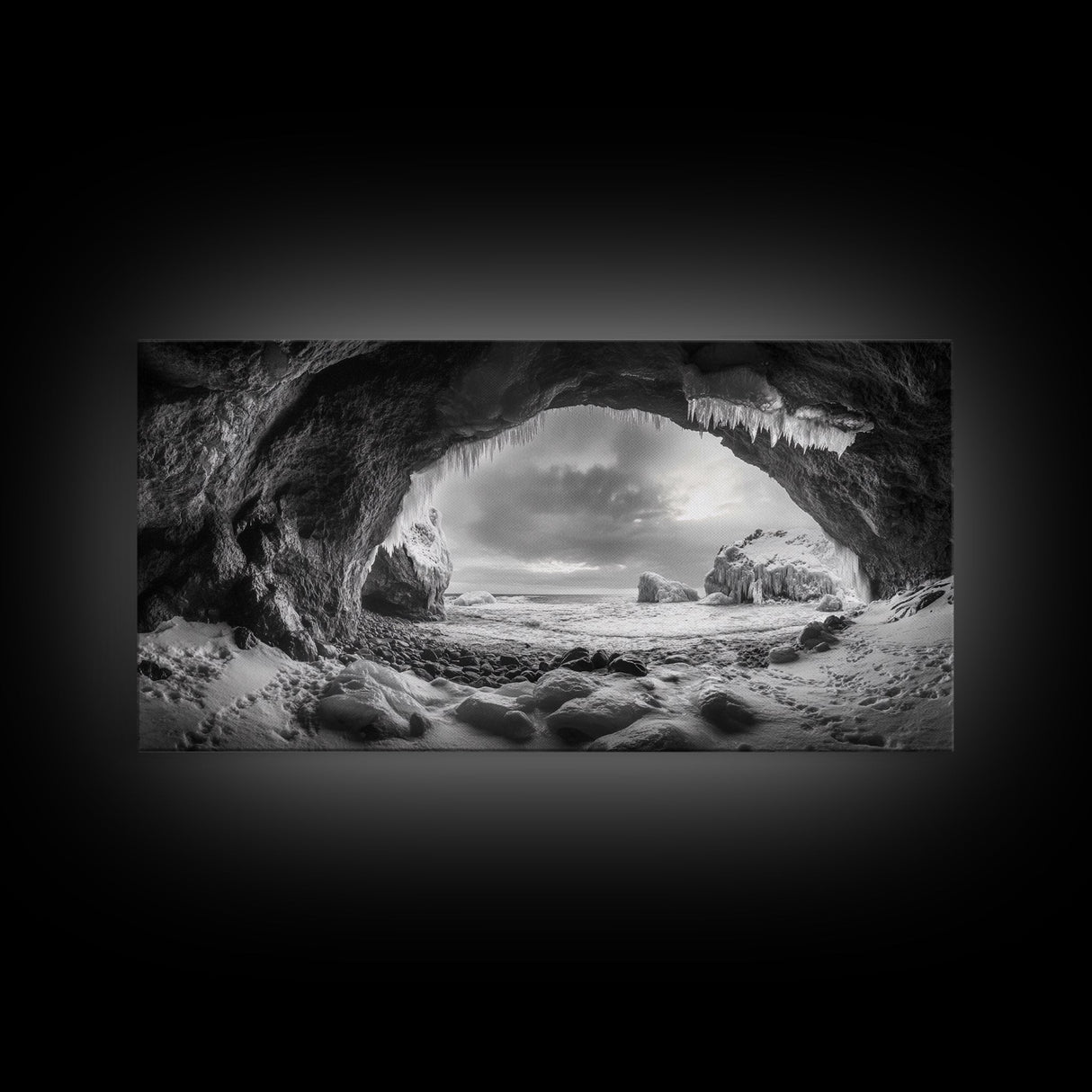 Frozen Ice Cave, Arctic Nature Art, Black and White Winter, Canvas Print, Holiday Wall Art, Nordic Cabin Decor, Winter Aesthetic