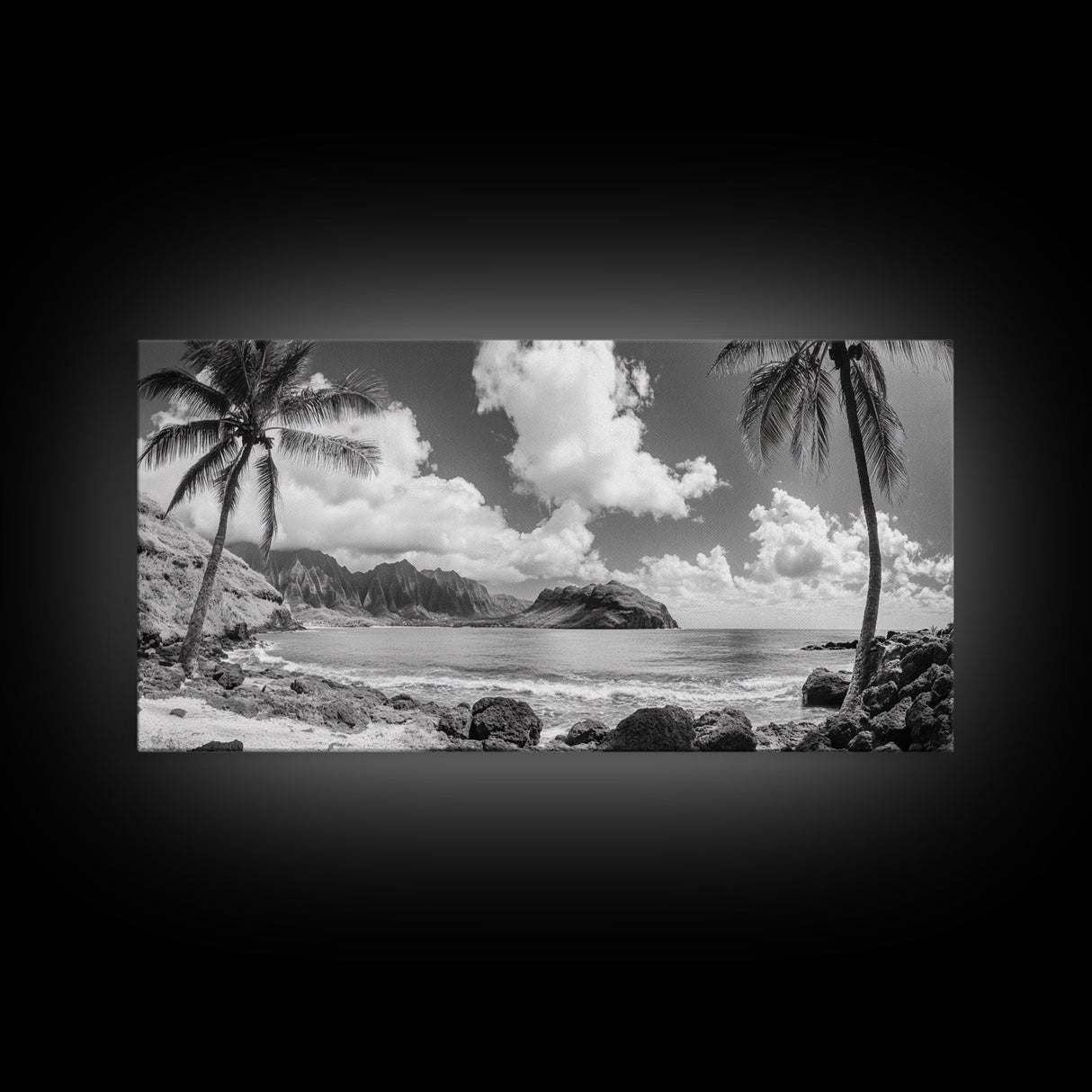 Tropical Beach View, Palm Tree Paradise, Black and White Island, Coastal Wall Decor, Canvas Print, Boho Living Room Art, Office Wall Art