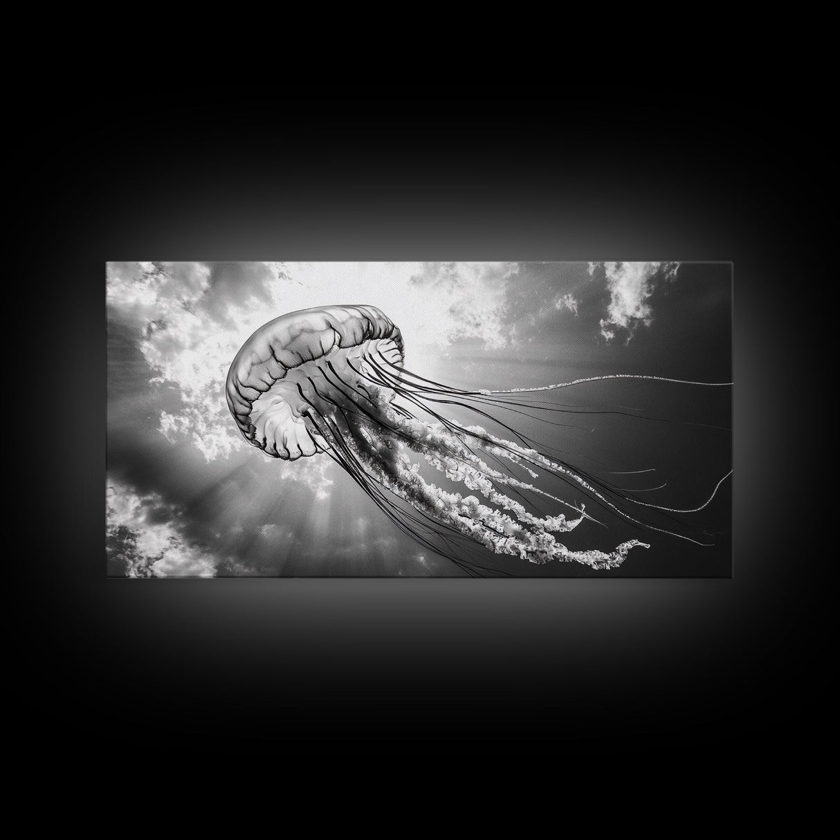 Jellyfish In Light, Ocean Life Art, Monochrome Sea Creature, Canvas Print, Coastal Bathroom Wall Art, Marine Modern Decor, Office Wall Art