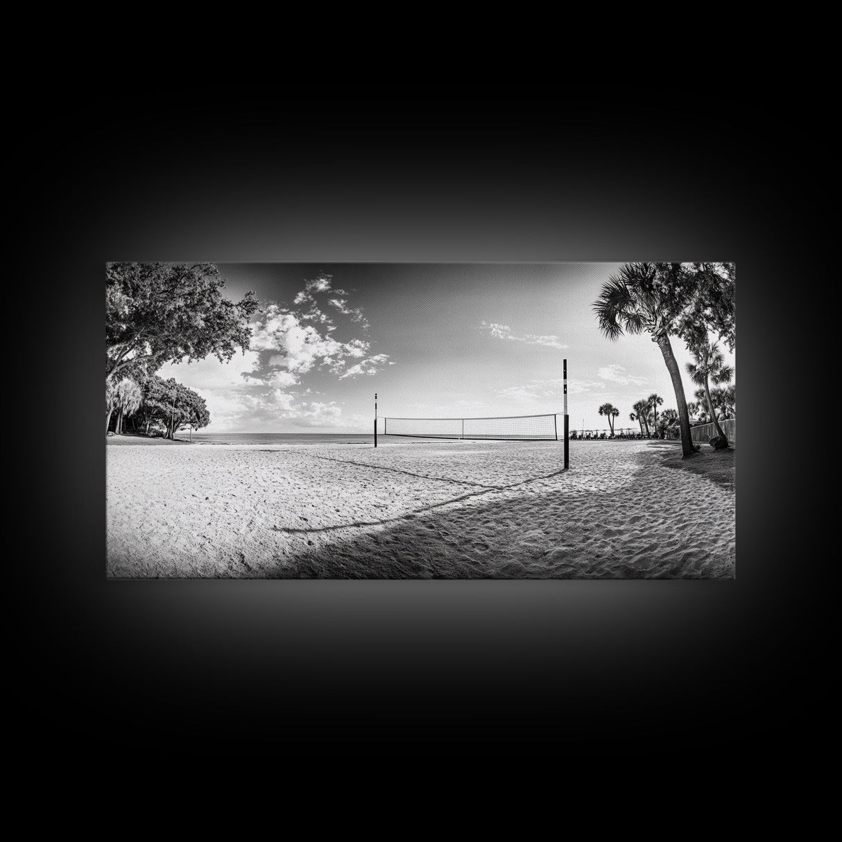 Volleyball Net, Coastal Leisure Scene, Bright Beach Vibe, Framed Canvas Print, Game Room Wall Art, Sporty Summer Beach Style