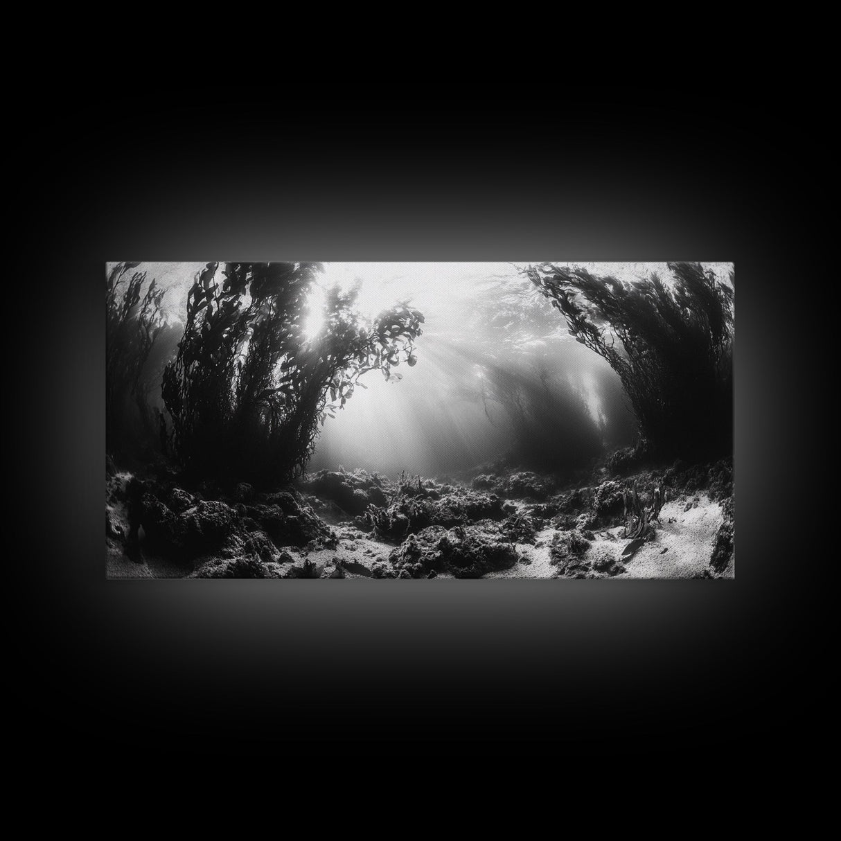 Kelp Forest Rays, Underwater Light, Black and White Ocean Scene, Framed Canvas Print, Nature Wall Art, Coastal Bathroom Decor