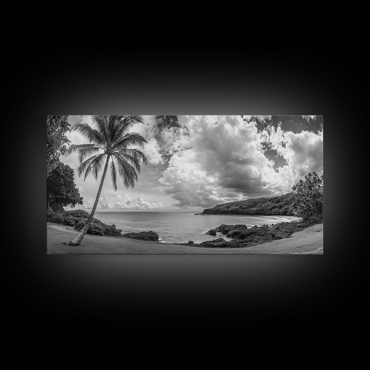 Tropical Coast, Palm Beach, Island View, Cloudy Sky, Framed Canvas Print, Coastal Living Room Art, Beach Wall Decor, Summer Style