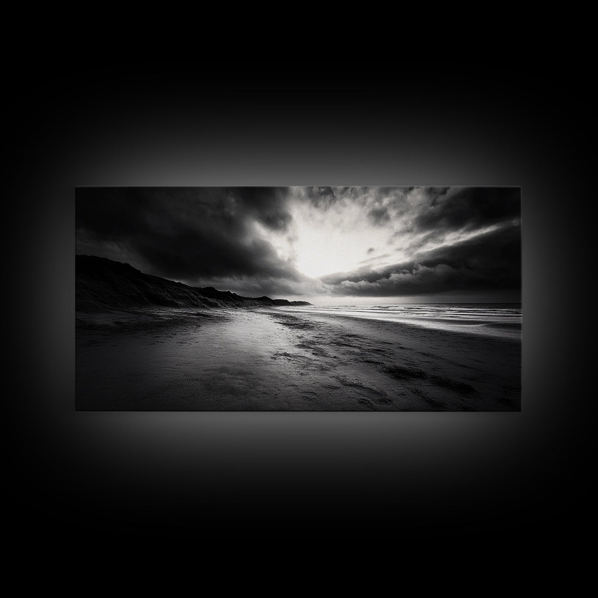 Stormy Coast, Dramatic Sky, Ocean Dusk, Monochrome Landscape, Framed Canvas Print, Bedroom Wall Art, Minimalist Coastal Decor