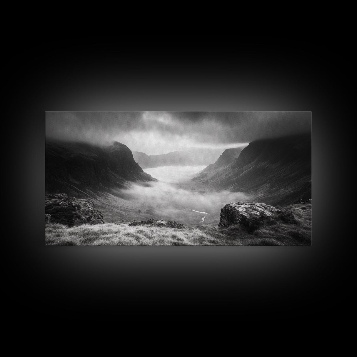 Foggy Valley, Highland Mist, Mountain View, Serene Landscape, Framed Canvas Print, Office Wall Art, Nature Escape, Zen Mountains