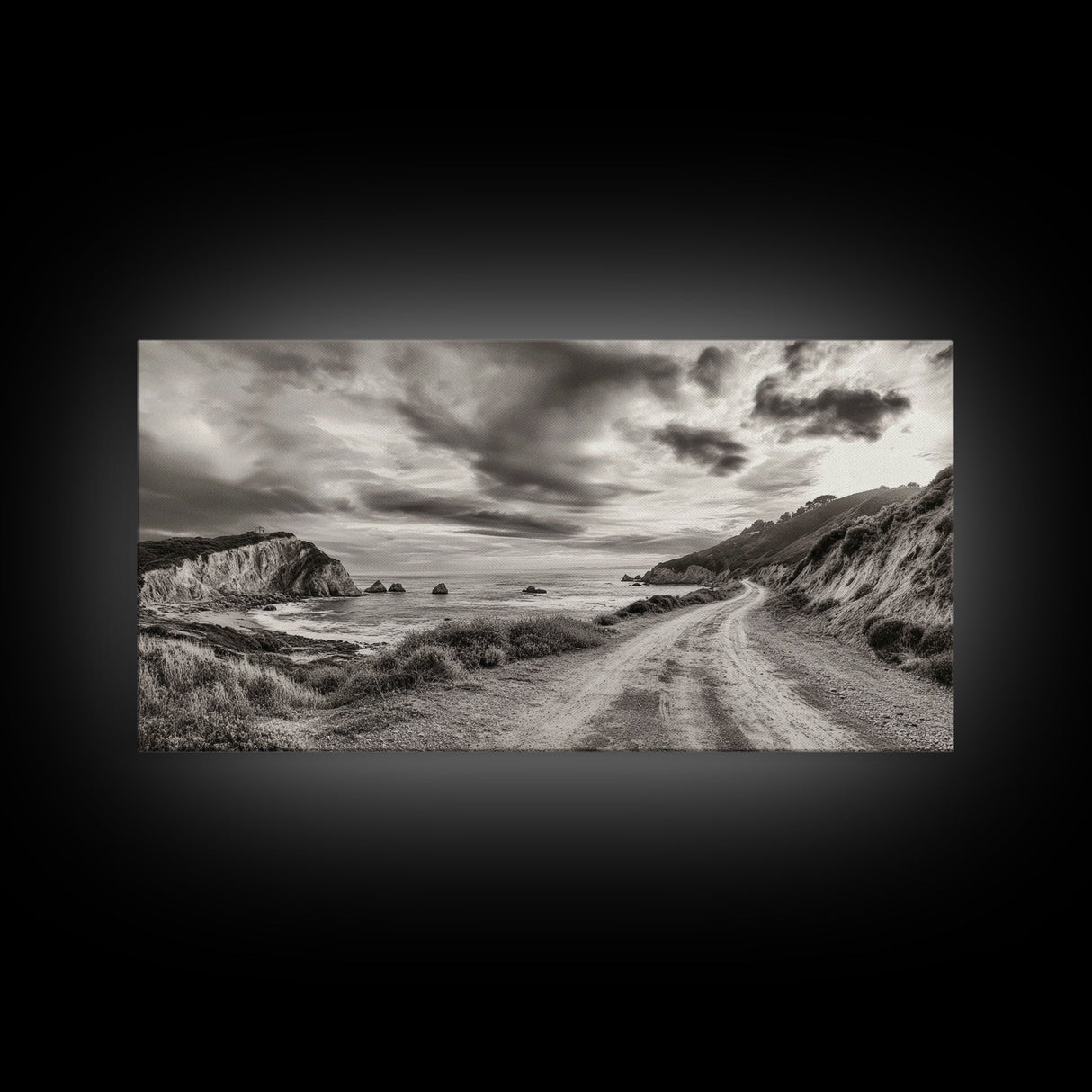 Coastal Road, Scenic Journey, Ocean Path, Cloudy Sky, Framed Canvas Print, Rustic Wall Art, Entryway Wanderlust Landscape, Coastal House