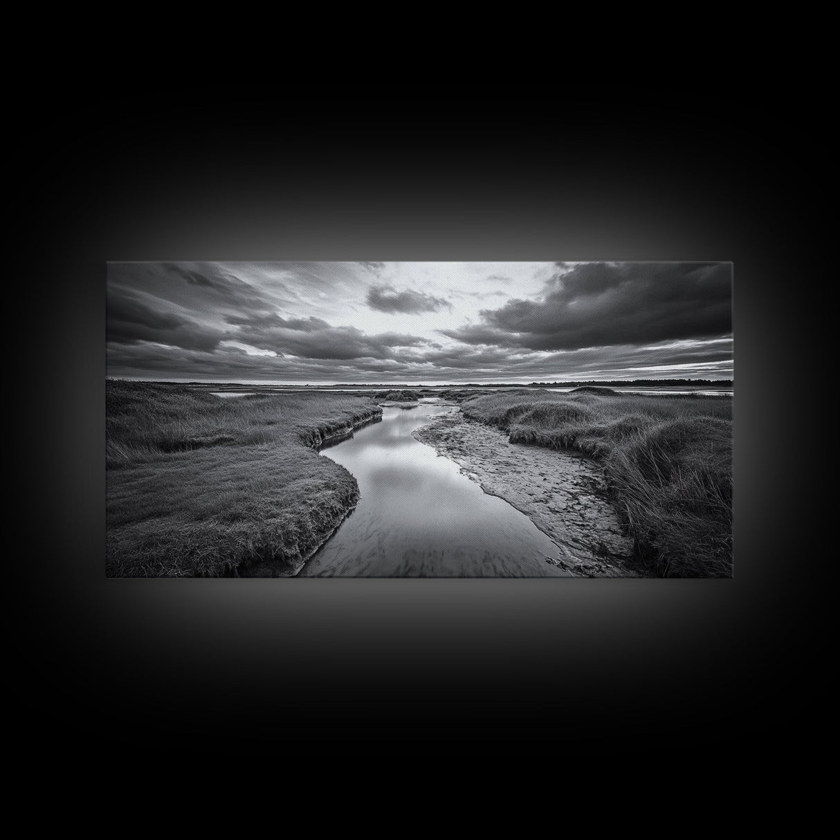 Marshland Serenity, River Flow, Cloudy Mood, Nature Calm, Framed Canvas Print, Coastal Wall Art, Bathroom Tranquil Landscape
