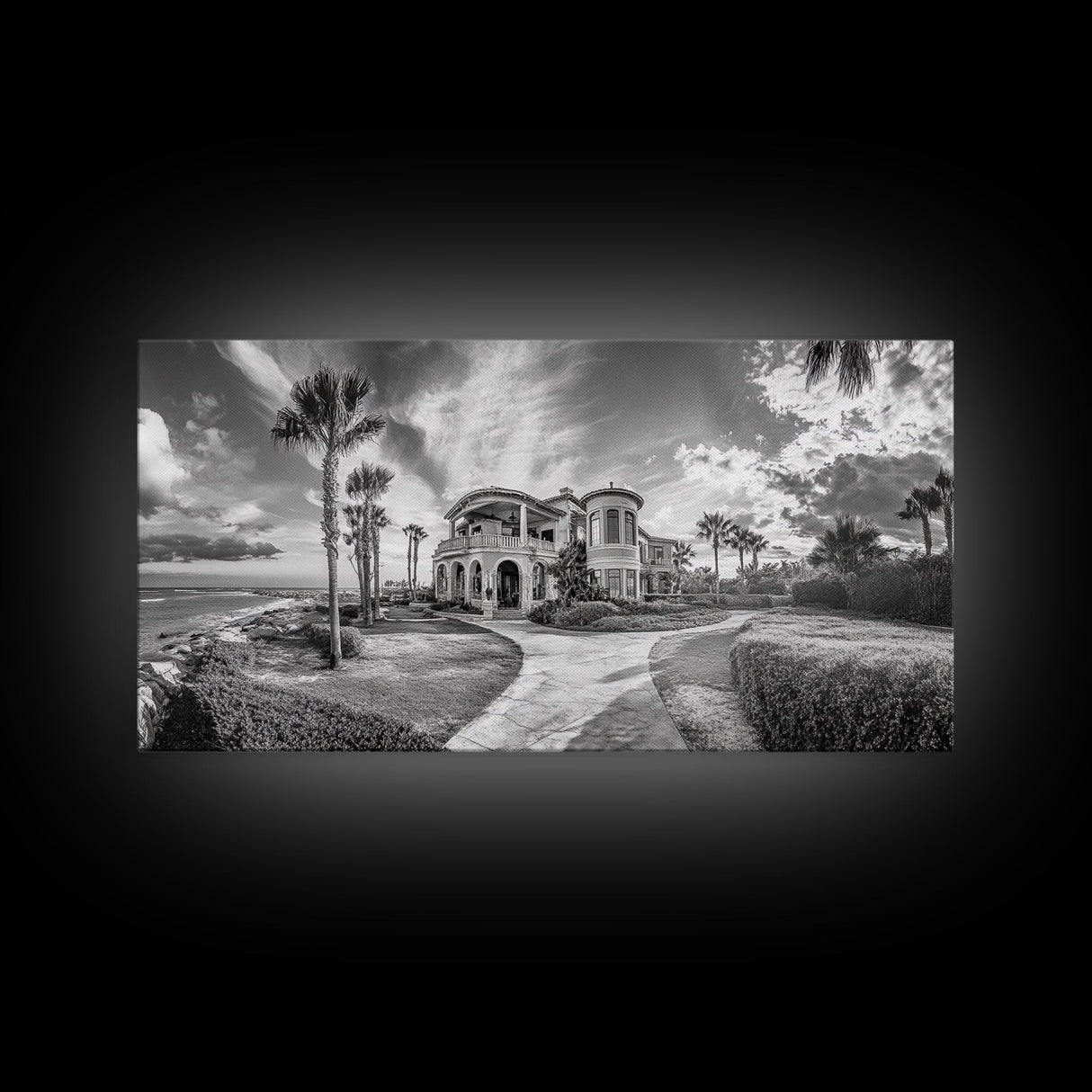 Beach Mansion Wall Art, Tropical Coastal House, Luxury Villa Print, Palm Tree Canvas Print, Living Room Decor, Modern Home Wall Art