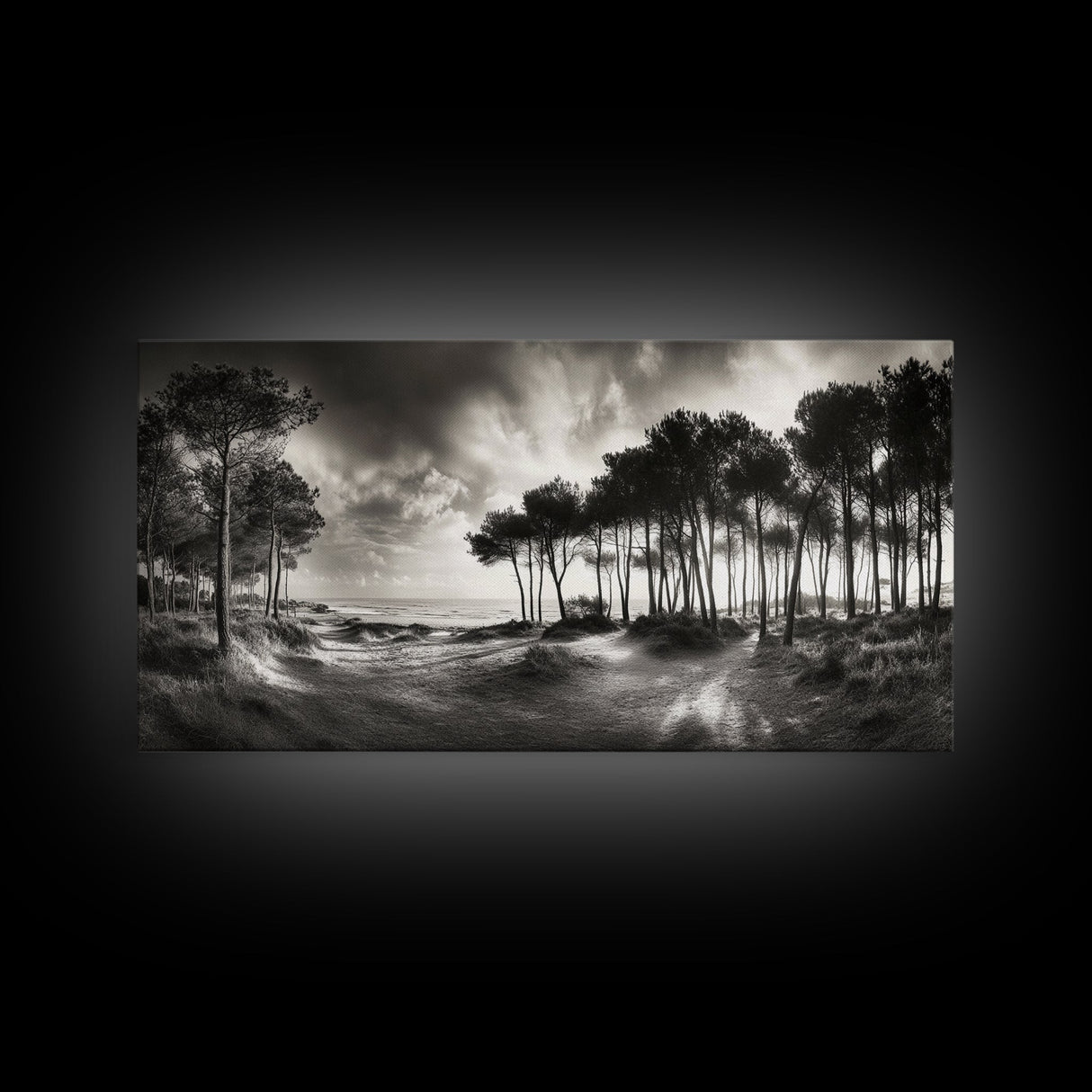 Tree Silhouettes, Coastal Pines Sunset, Nature Path Scene, Framed Canvas Print, Autumn Living Room or Rustic Cabin Wall Decor