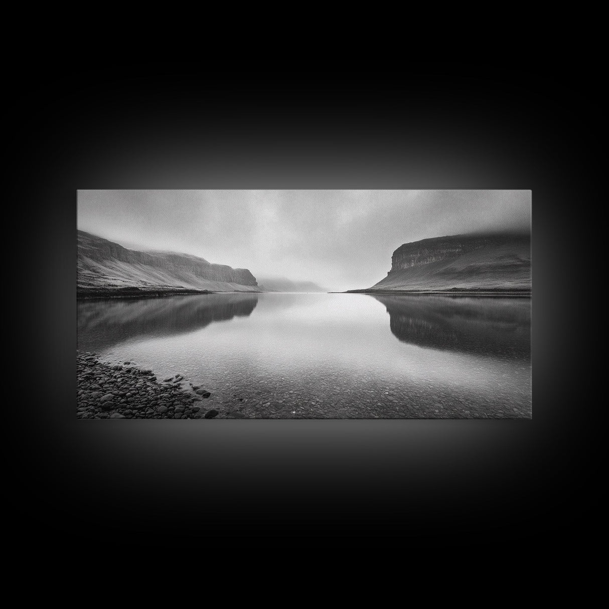 Misty Fjord Reflection, Calm Water Scene, Nordic Landscape, Peaceful Wall Decor, Canvas Print, Office Wall Art, Minimalist Mountains