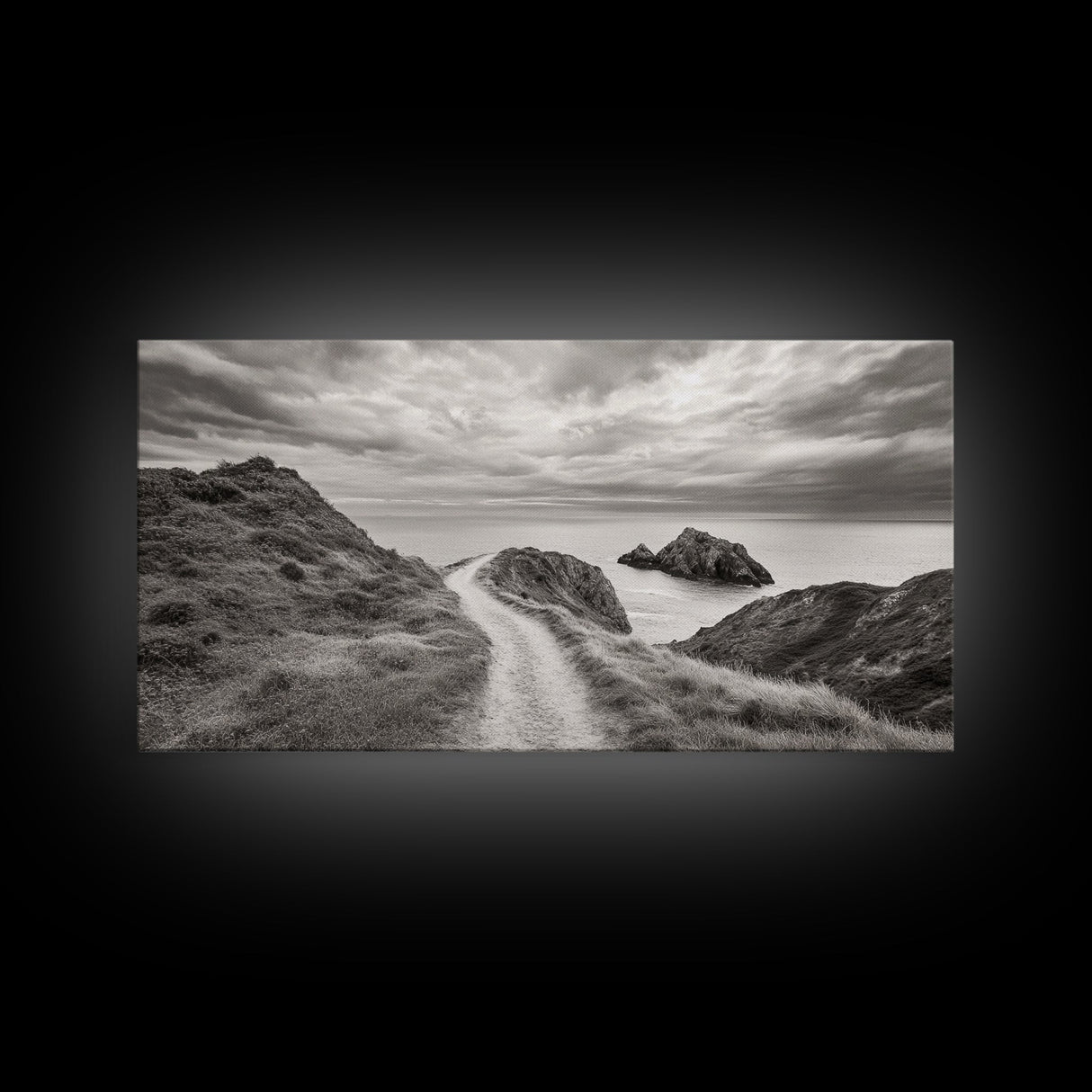 Coastal Cliff Path, Ocean View Trail, Windswept Grass Art, Seaside Wall Decor, Framed Canvas Print, Bedroom Art, Nature Lover Gift
