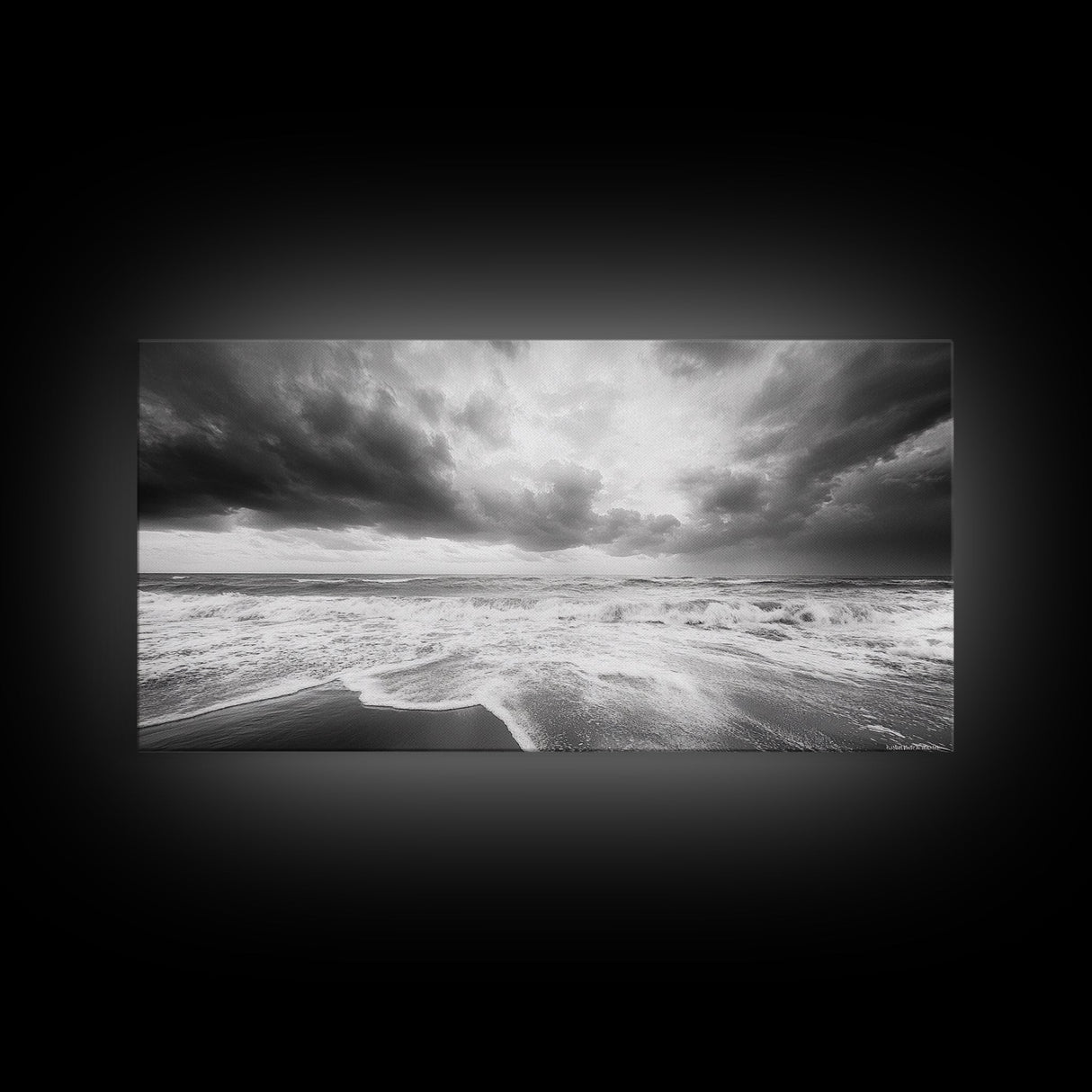 Stormy Sea, Ocean Waves, Monochrome Seascape, Dramatic Beach View, Framed Canvas Print, Nautical Wall Art, Bathroom Coastal Decor