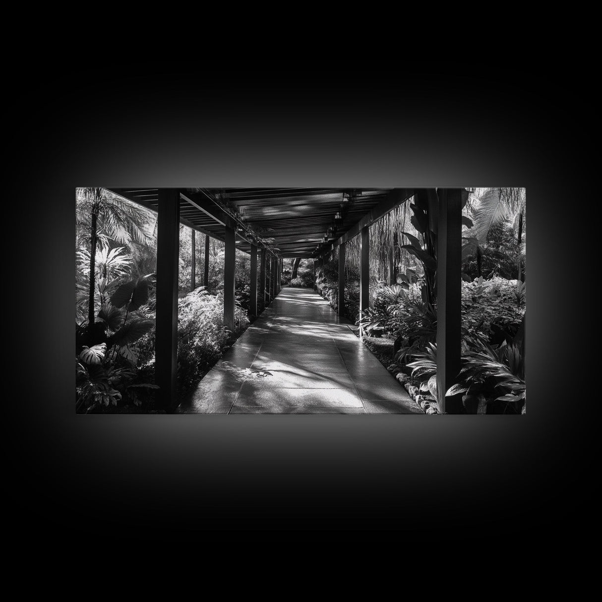 Serene Garden Pathway, Nature Tunnel Walk, Tropical Jungle Scene, Framed Canvas Print, Minimalist Art, Living Room Wall Decor