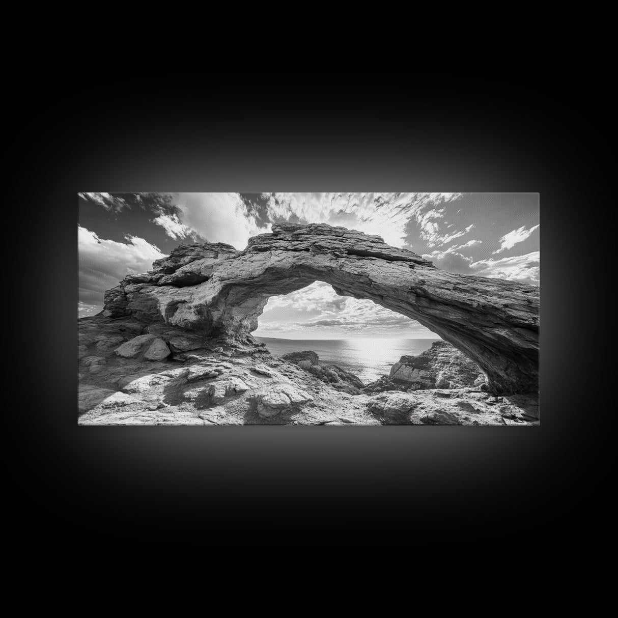 Natural Rock Arch, Seaside Cliff View, Desert Coastal Window, Framed Canvas Print, Boho Earth Tones, Living Room Wall Decor
