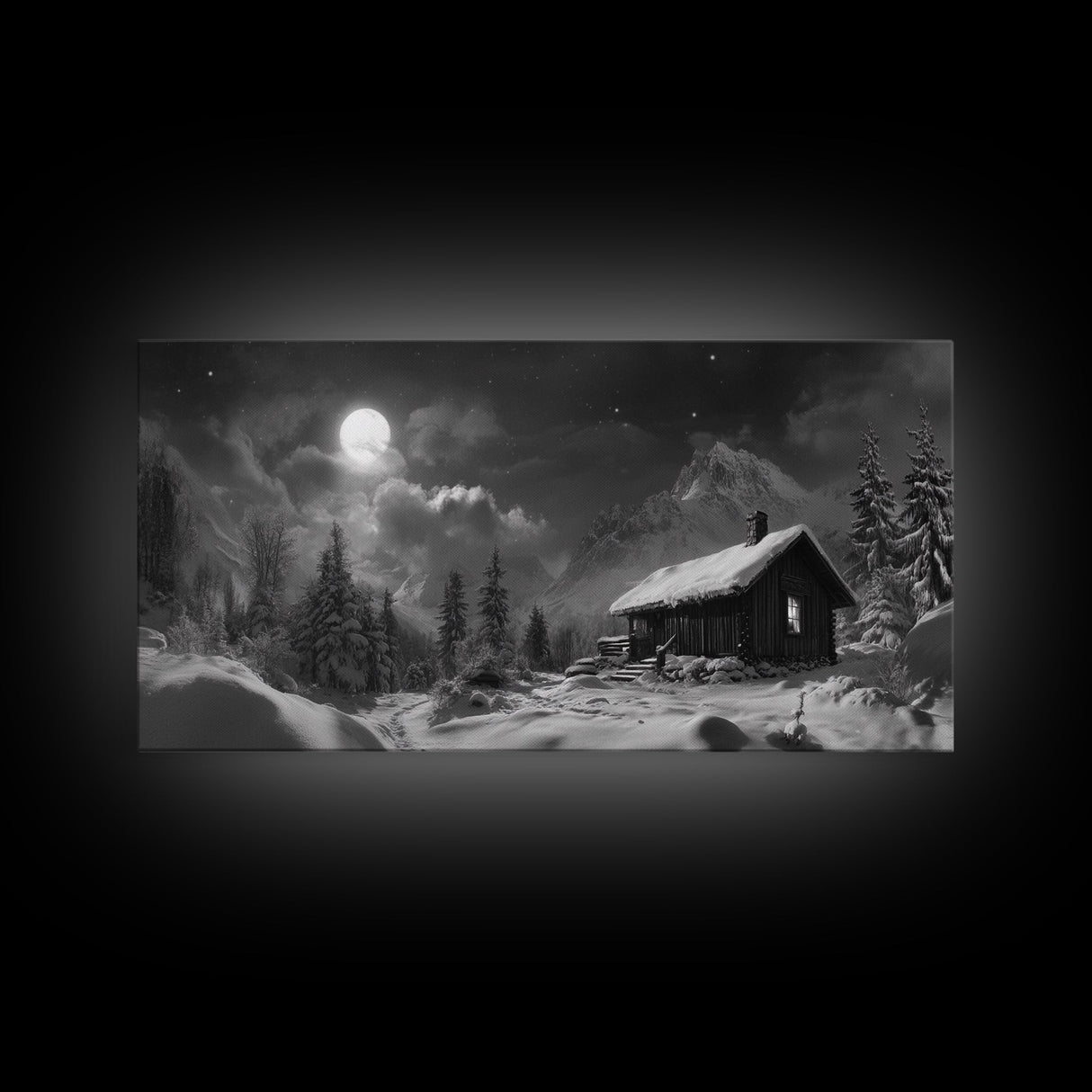Snowy Cabin, Winter Night, Starry Sky, Cozy Mountain Scene, Framed Canvas Print, rustic lodge decor, Christmas art, bedroom wall print