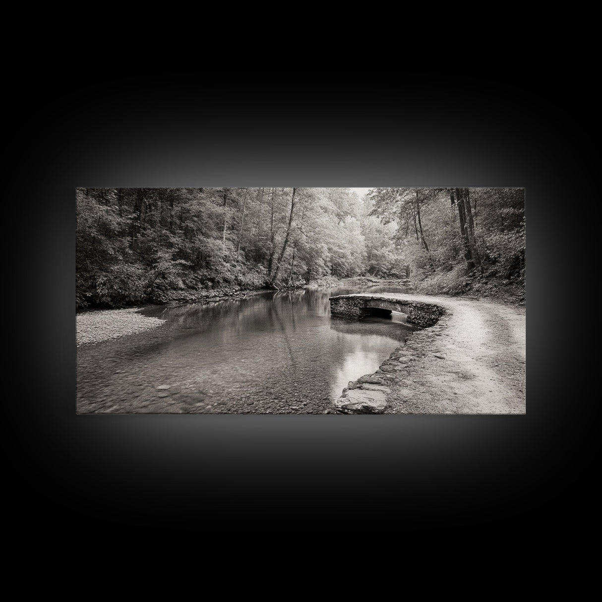 Stone Bridge, Forest Path, Quiet Creek, Peaceful Nature, Canvas Print, tranquil woodland art, Fall entryway piece, rustic landscape