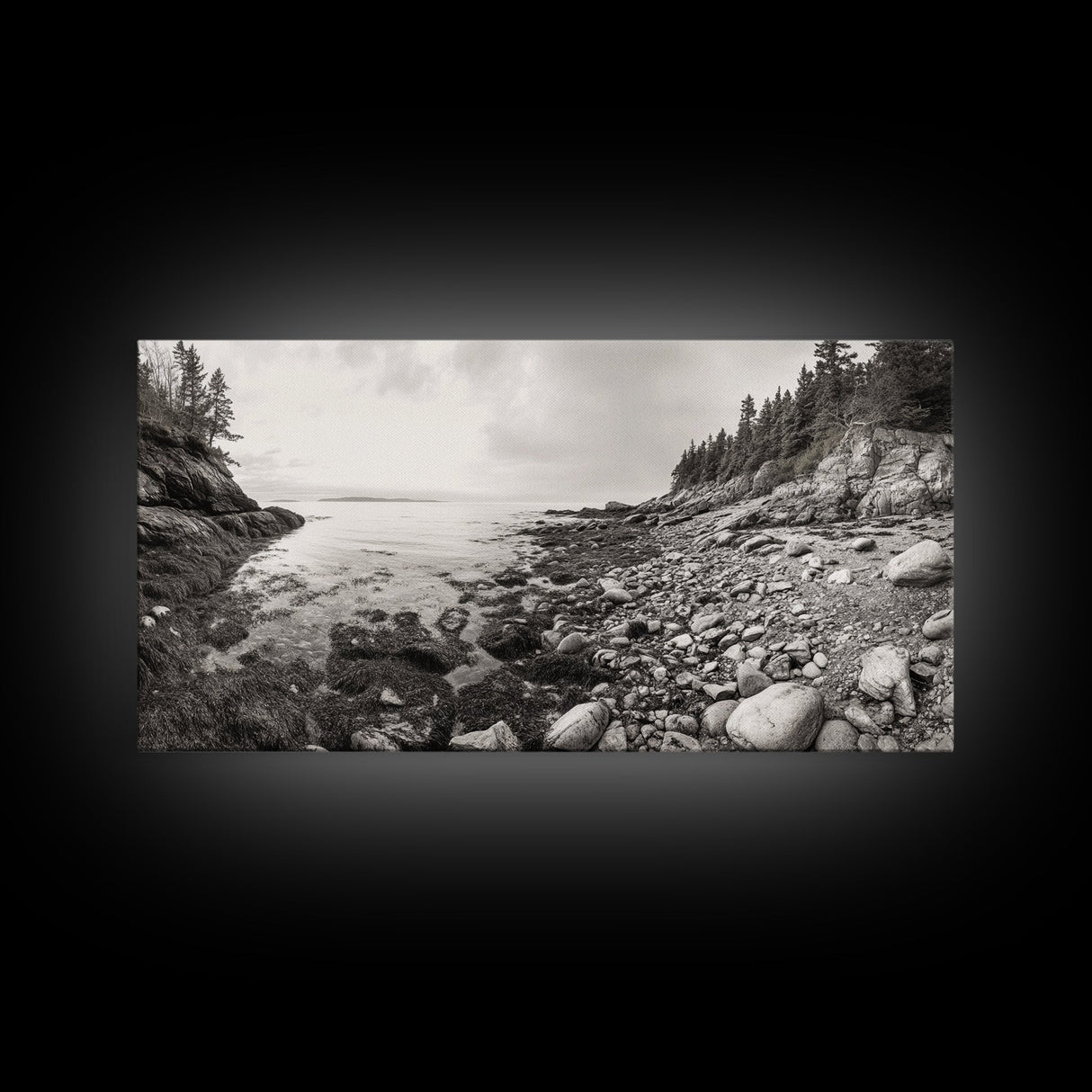 Rocky Coast, Forest Edge, Tranquil Shoreline, Earthy Landscape Scene, Canvas Print, Neutral Home Decor, Rustic Cabin Wall Art