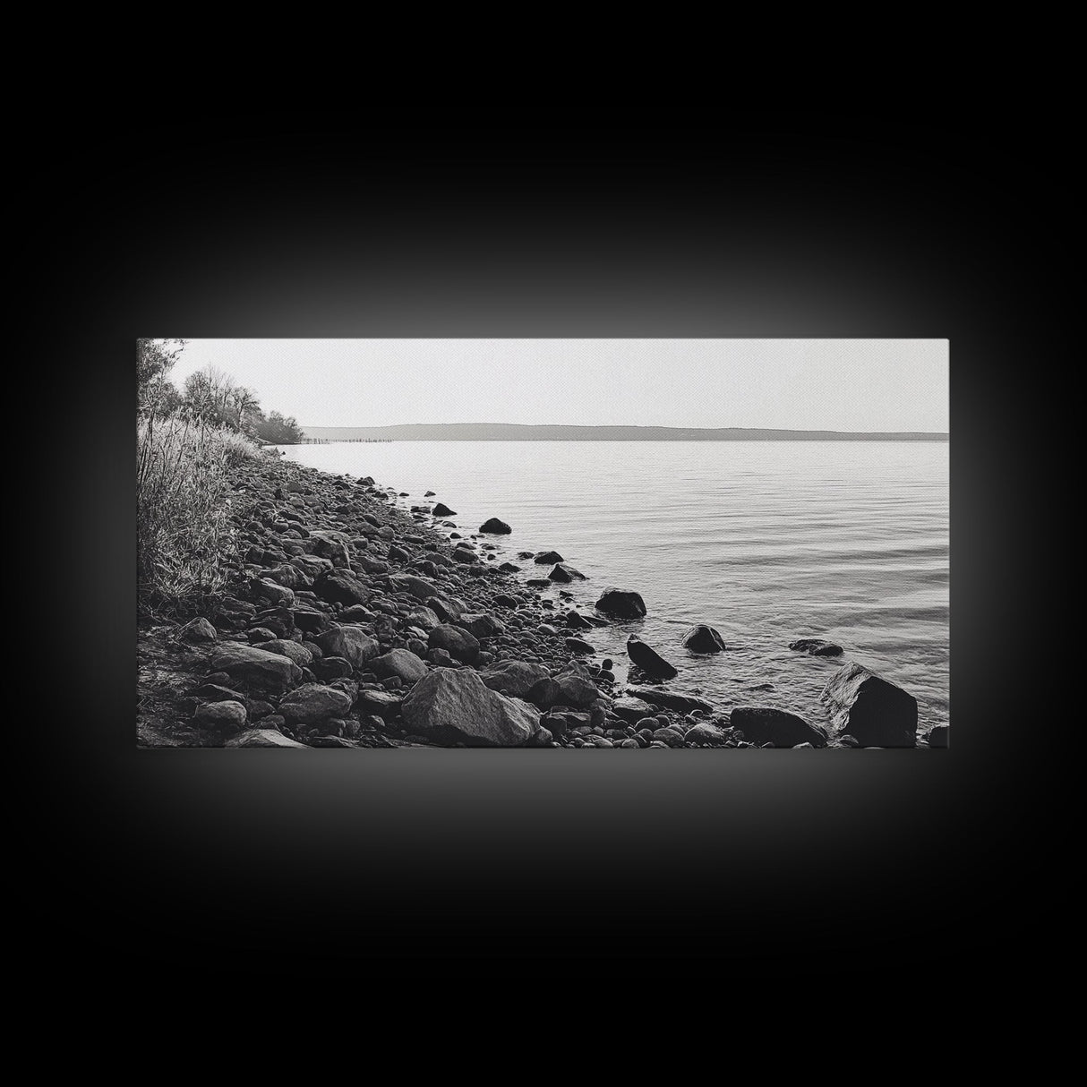 Shoreline Rocks, Quiet Water, Still Landscape, Coastal Photography, Canvas Print, Minimalist Office Art, Calm Nature Scene