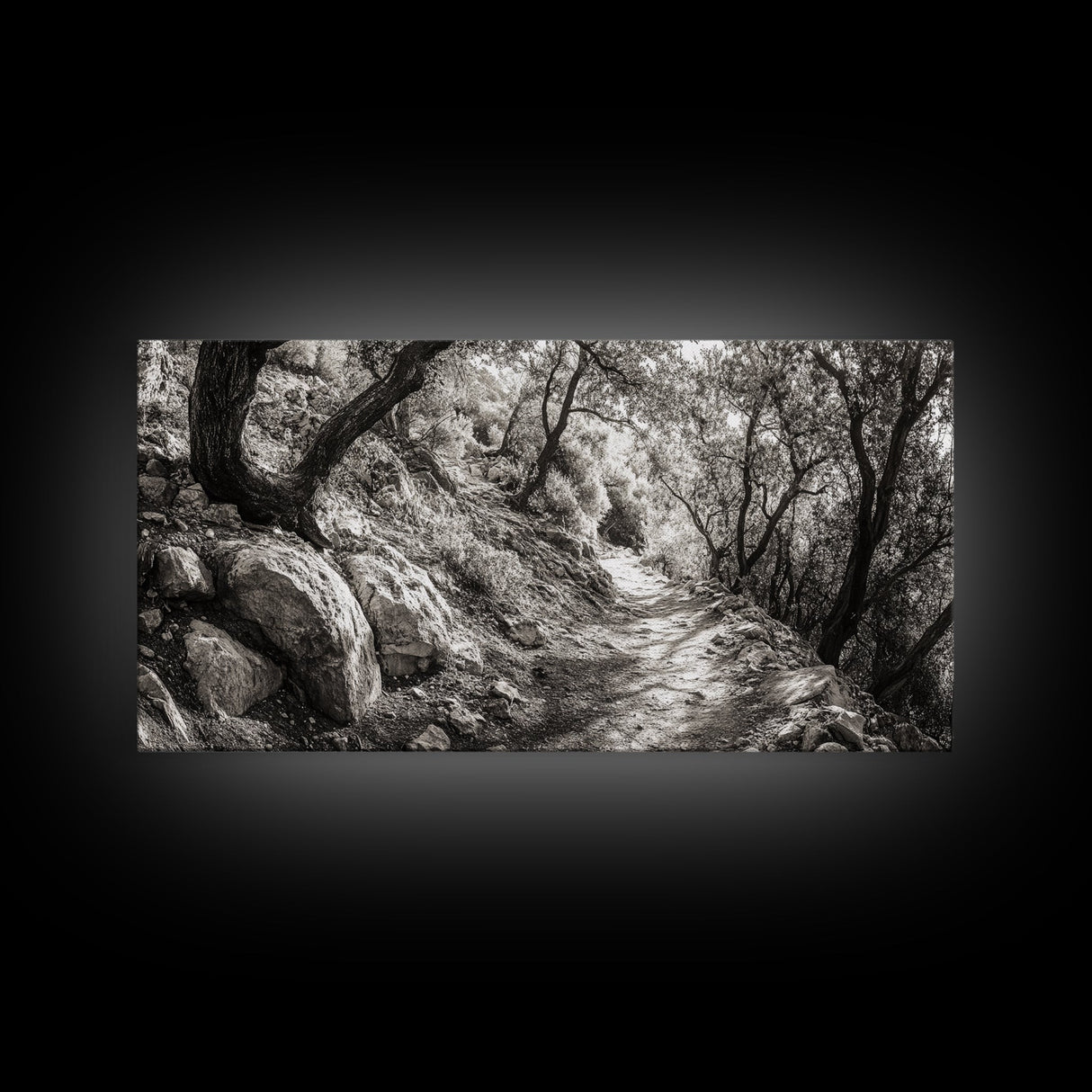Woodland Trail, Autumn Path, Tree Tunnel, Rustic Outdoor Vibe, Framed Canvas Print, Entryway Nature Art, Moody Forest Decor