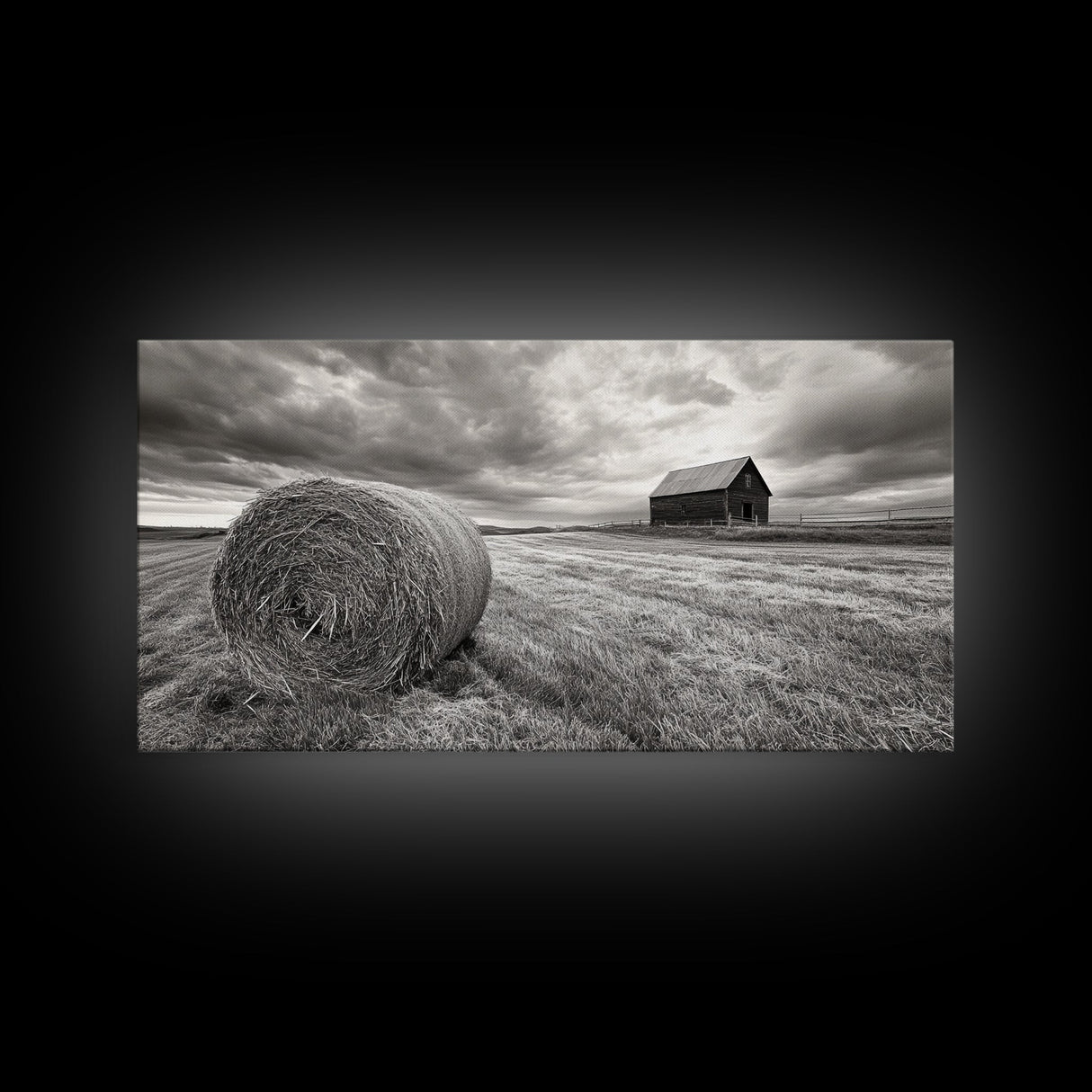 Barn Field, Hay Bale, Rural Farmland Scene, Autumn Countryside Art, Canvas Print, Farmhouse Wall Decor, Rustic Fall Living Room Art