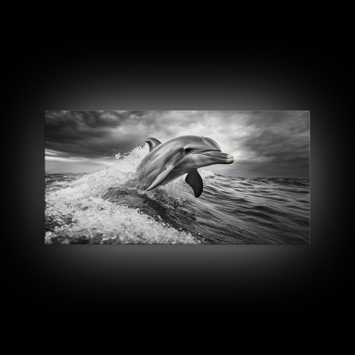 Leaping Dolphin, Ocean Life, Marine Animal, Waves Splashing, Framed Canvas Print, Coastal Kids Room Art, Beach House Decor